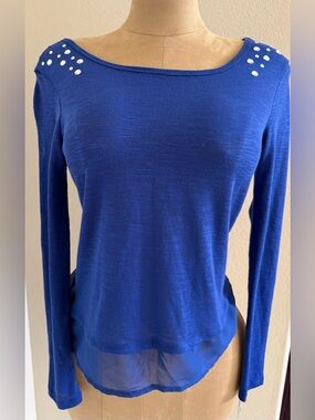 Blue Long-Sleeve Boatneck Top with Stud Detail